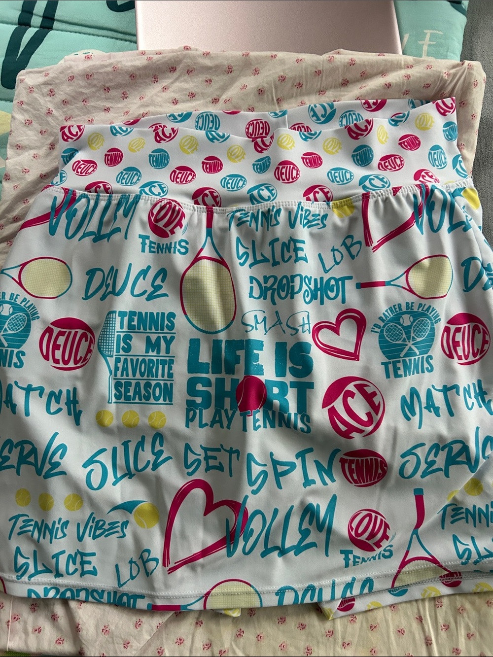Tennis skort  White with Pink, Teal and Yellow Print. Skort Obsessed size small